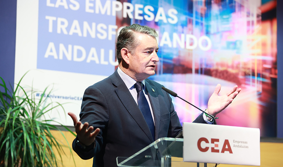 El consejero de la Presidencia, Antonio Sanz, durante su intervención en las jornadas '+ciberseguridad' en Sevilla.